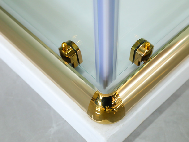 正方形のスライド式シャワーエンクロージャ、印刷付き透明強化ガラス、ゴールドアルミニウムプロファイル、二重穴ハンドル、トレイ付き 正方形のスライド式シャワーエンクロージャ、印刷付き透明強化ガラス、ゴールドアルミニウムプロファイル、二重穴ハンドル、トレイ付き