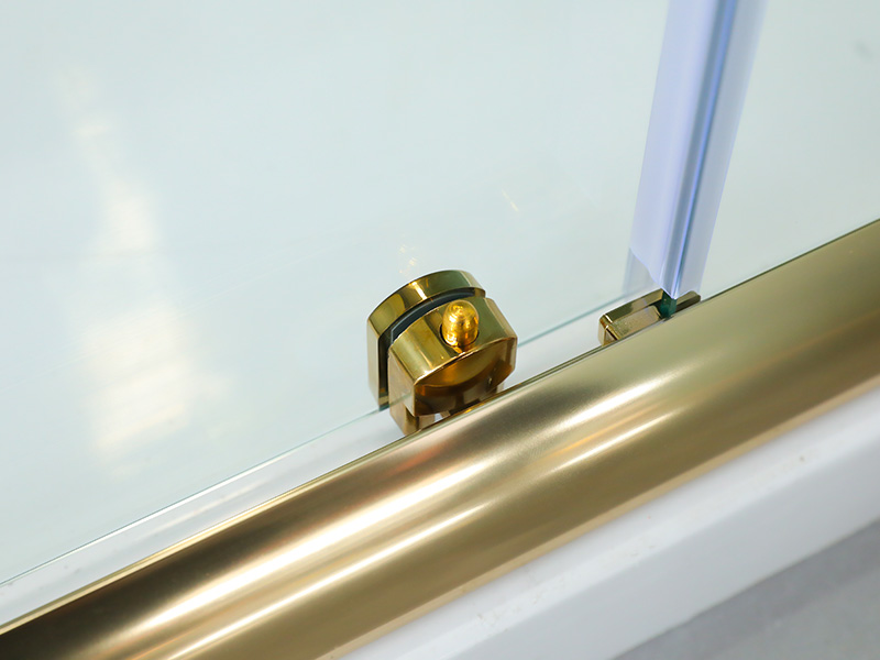 正方形のスライド式シャワーエンクロージャ、印刷付き透明強化ガラス、ゴールドアルミニウムプロファイル、二重穴ハンドル、トレイ付き 正方形のスライド式シャワーエンクロージャ、印刷付き透明強化ガラス、ゴールドアルミニウムプロファイル、二重穴ハンドル、トレイ付き