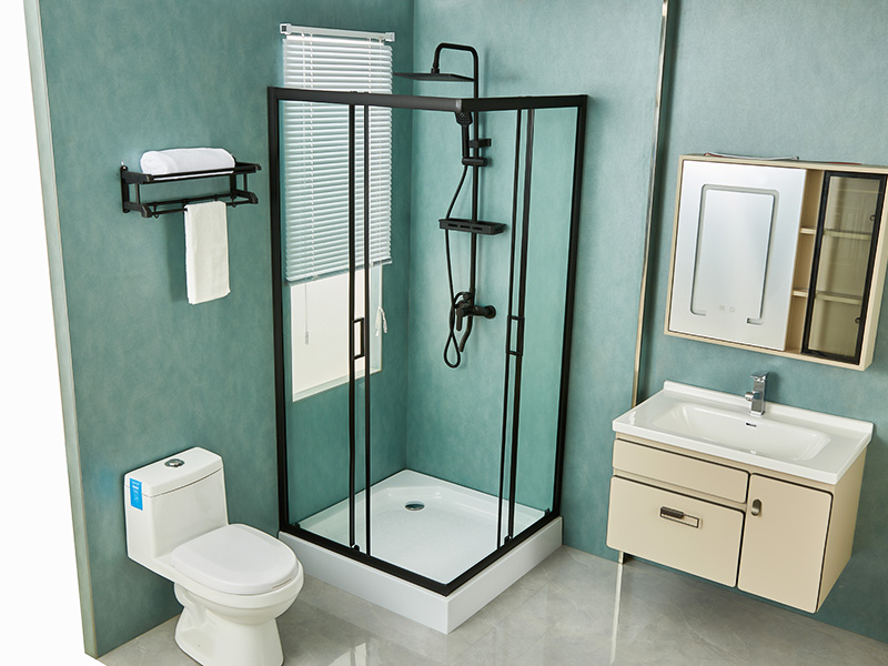 SQ スライド式シャワーエンクロージャ、透明強化ガラス、ブラックアルミニウムプロファイル、二重穴ハンドル、トレイ付き SQ スライド式シャワーエンクロージャ、透明強化ガラス、ブラックアルミニウムプロファイル、二重穴ハンドル、トレイ付き