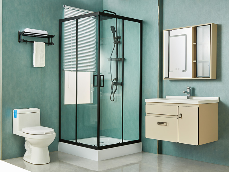 SQ スライド式シャワーエンクロージャ、透明強化ガラス、ブラックアルミニウムプロファイル、二重穴ハンドル、トレイ付き SQ スライド式シャワーエンクロージャ、透明強化ガラス、ブラックアルミニウムプロファイル、二重穴ハンドル、トレイ付き