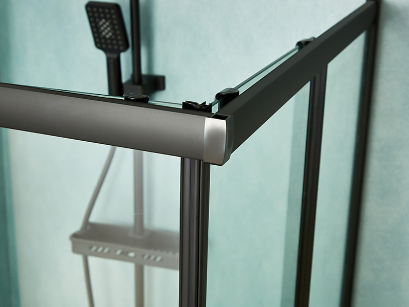 SQ スライド式シャワーエンクロージャ、透明強化ガラス、ブラックアルミニウムプロファイル、二重穴ハンドル、トレイ付き SQ スライド式シャワーエンクロージャ、透明強化ガラス、ブラックアルミニウムプロファイル、二重穴ハンドル、トレイ付き