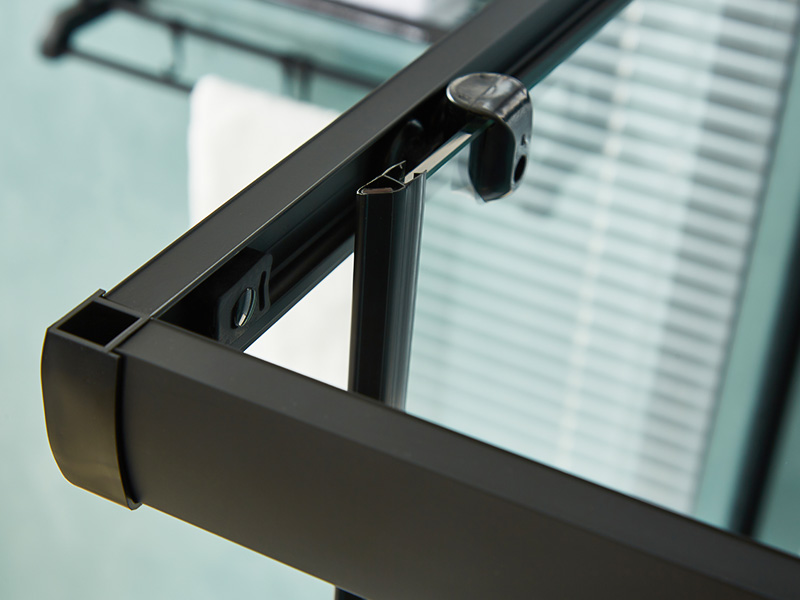 SQ スライド式シャワーエンクロージャ、透明強化ガラス、ブラックアルミニウムプロファイル、二重穴ハンドル、トレイ付き SQ スライド式シャワーエンクロージャ、透明強化ガラス、ブラックアルミニウムプロファイル、二重穴ハンドル、トレイ付き