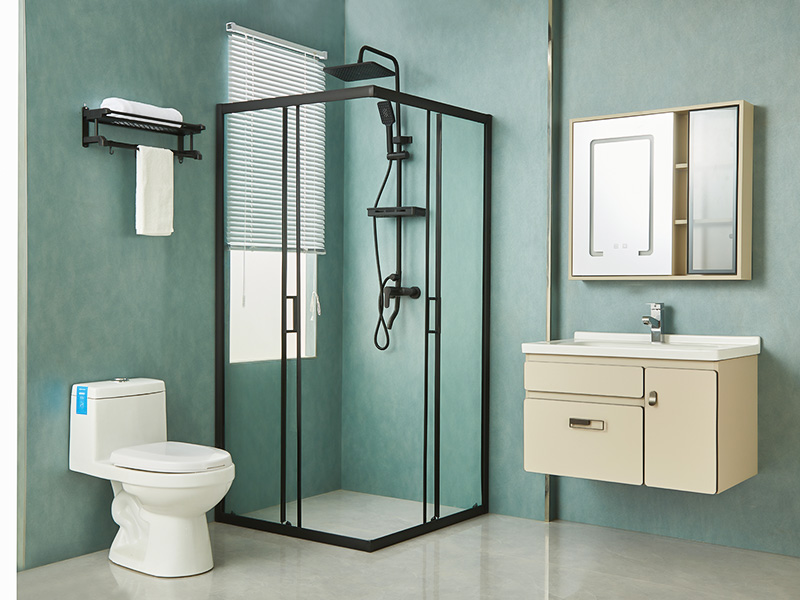 SQ スライド式シャワーエンクロージャ、透明強化ガラス、ブラックアルミニウムプロファイル、二重穴ハンドル、トレイ付き SQ スライド式シャワーエンクロージャ、透明強化ガラス、ブラックアルミニウムプロファイル、二重穴ハンドル、トレイ付き