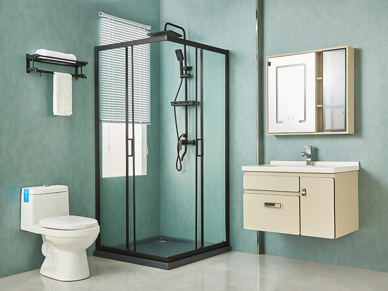 SQ スライド式シャワーエンクロージャ、透明強化ガラス、ブラックアルミニウムプロファイル、二重穴ハンドル、トレイ付き SQ スライド式シャワーエンクロージャ、透明強化ガラス、ブラックアルミニウムプロファイル、二重穴ハンドル、トレイ付き