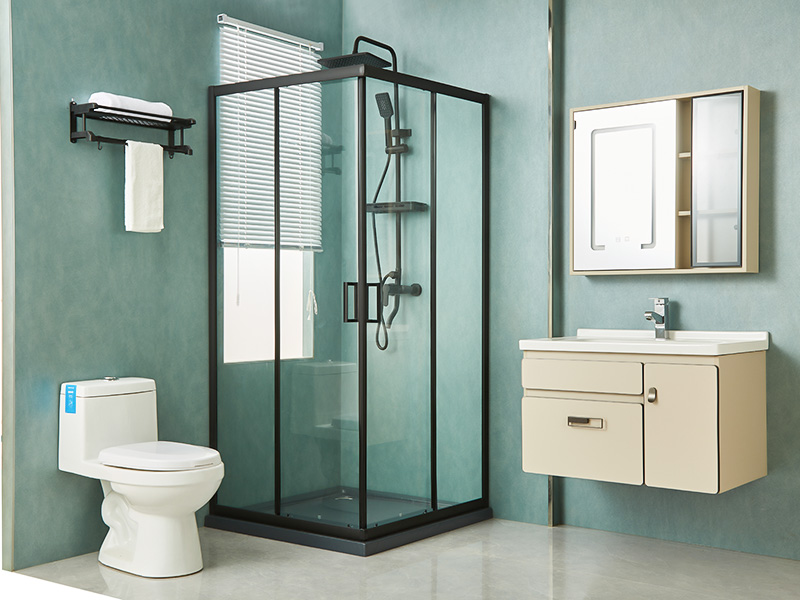 SQ スライド式シャワーエンクロージャ、透明強化ガラス、ブラックアルミニウムプロファイル、二重穴ハンドル、トレイ付き SQ スライド式シャワーエンクロージャ、透明強化ガラス、ブラックアルミニウムプロファイル、二重穴ハンドル、トレイ付き