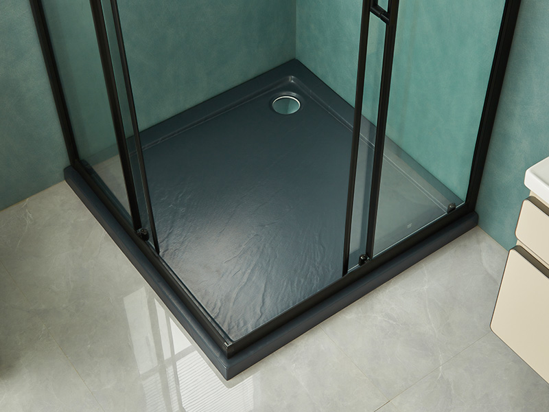 SQ スライド式シャワーエンクロージャ、透明強化ガラス、ブラックアルミニウムプロファイル、二重穴ハンドル、トレイ付き SQ スライド式シャワーエンクロージャ、透明強化ガラス、ブラックアルミニウムプロファイル、二重穴ハンドル、トレイ付き