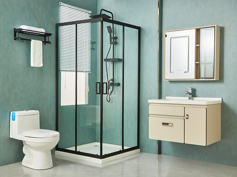 SQ スライド式シャワーエンクロージャ、透明強化ガラス、ブラックアルミニウムプロファイル、二重穴ハンドル、トレイ付き SQ スライド式シャワーエンクロージャ、透明強化ガラス、ブラックアルミニウムプロファイル、二重穴ハンドル、トレイ付き