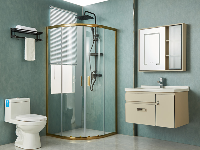 SE スライド式シャワーエンクロージャ、透明強化ガラス、ゴールドアルミニウムプロファイル、二重穴ハンドル、トレイなし SE スライド式シャワーエンクロージャ、透明強化ガラス、ゴールドアルミニウムプロファイル、二重穴ハンドル、トレイなし