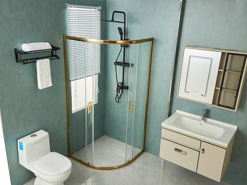 SE スライド式シャワーエンクロージャ、透明強化ガラス、ゴールドアルミニウムプロファイル、二重穴ハンドル、トレイなし SE スライド式シャワーエンクロージャ、透明強化ガラス、ゴールドアルミニウムプロファイル、二重穴ハンドル、トレイなし