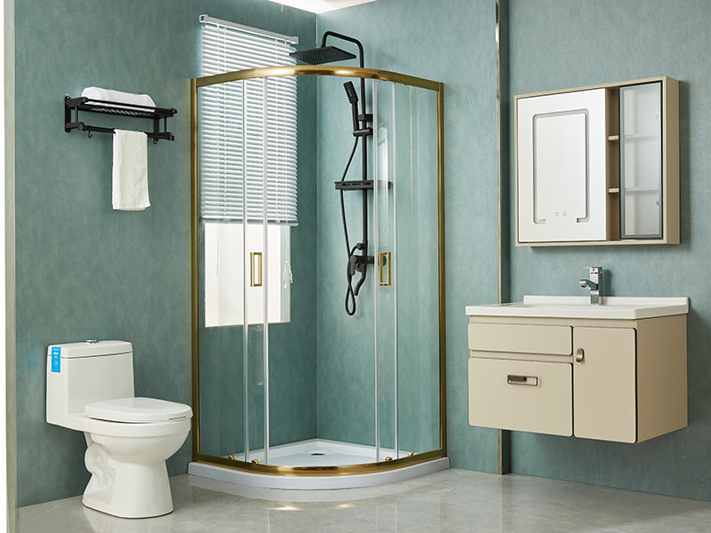 SE スライド式シャワーエンクロージャ、透明強化ガラス、ゴールドアルミニウムプロファイル、二重穴ハンドル、トレイなし SE スライド式シャワーエンクロージャ、透明強化ガラス、ゴールドアルミニウムプロファイル、二重穴ハンドル、トレイなし