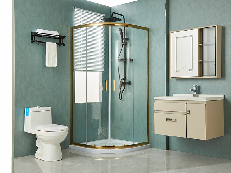 SE スライド式シャワーエンクロージャ、透明強化ガラス、ゴールドアルミニウムプロファイル、二重穴ハンドル、トレイなし SE スライド式シャワーエンクロージャ、透明強化ガラス、ゴールドアルミニウムプロファイル、二重穴ハンドル、トレイなし